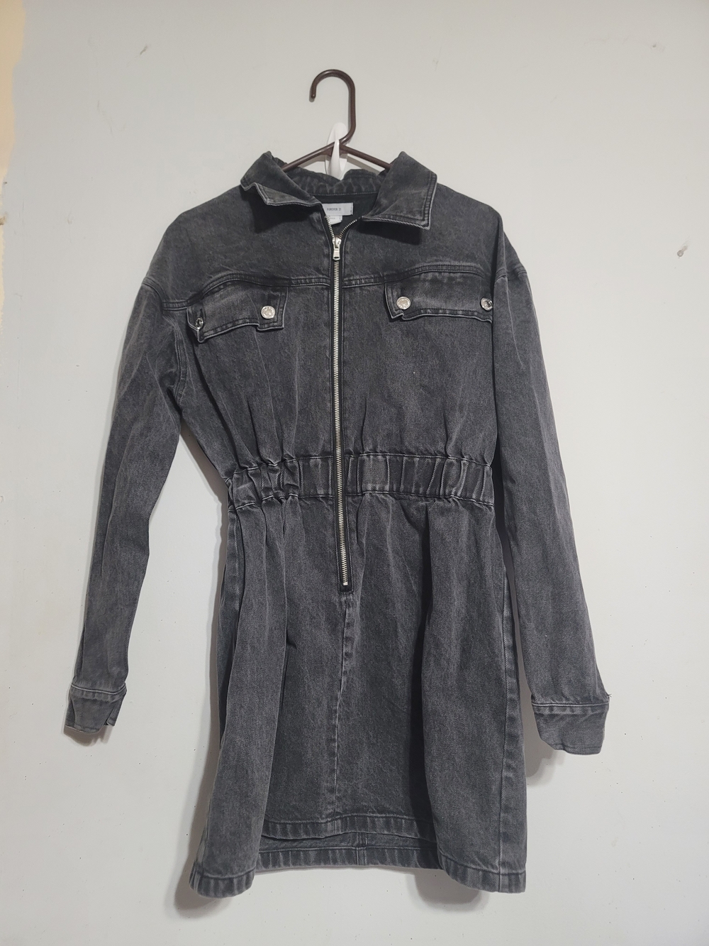 Forever 21 Womens Black Cotton Denim  Dress Size Large Zip Up Jean Country